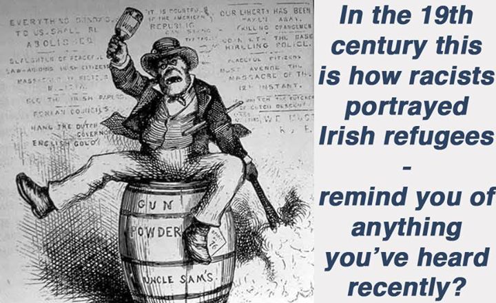 Cartoon showing racism against Irish Refugees during famine - simian featured refugee with whisky bottle and flaming brand on top if barrel of Gunpowder