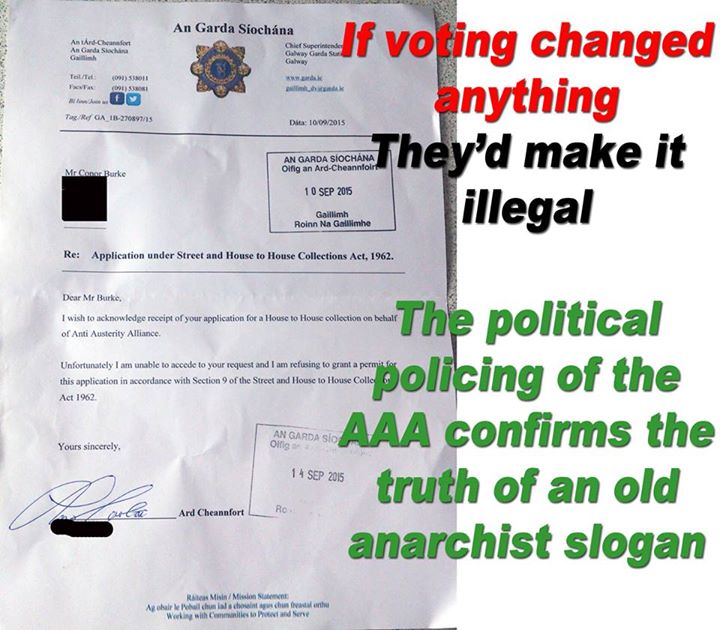 Garda letter to AAA banning them from collecting money with anarchist slogan